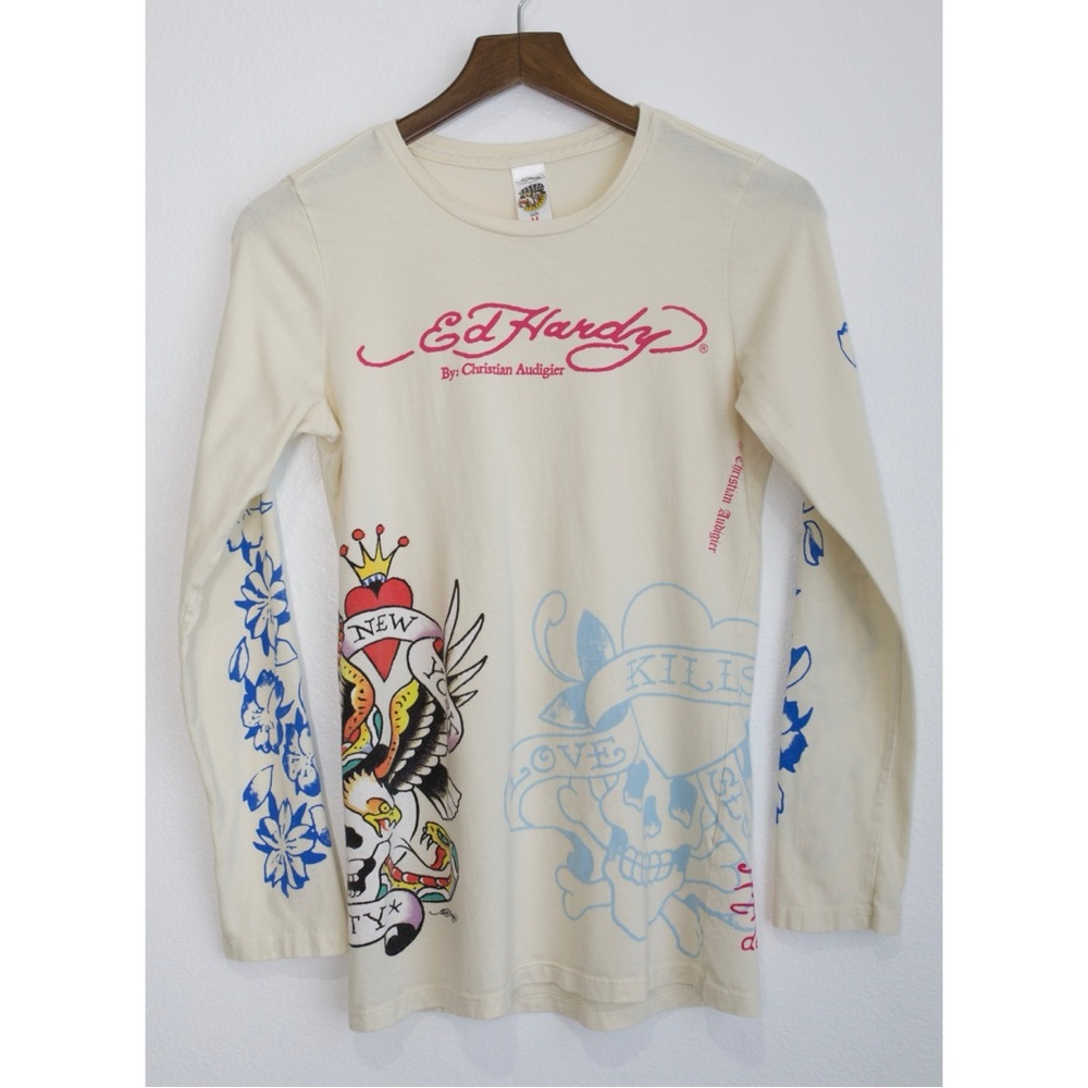 Ed Hardy Women's Cream Graphic Long Sleeve